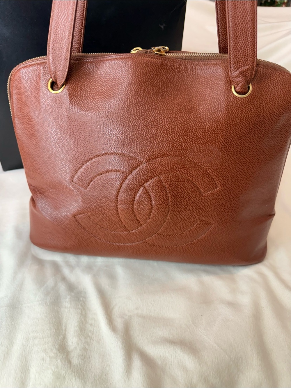 Chanel Caviar Stitched CC Double Zip Brown Caramel Timeless Tote